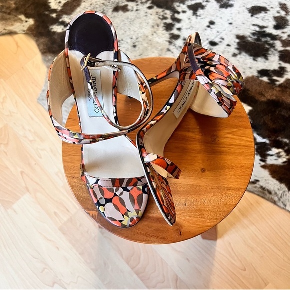 JIMMY CHOO Geometric Groovy Print Satin Heels‎ Ankle Wrap Size 39.5 - Picture 2 of 15